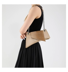 Detail of beige geometric shoulder bag with crocodile pattern and silver chain strap