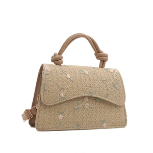 Summer woven straw crossbody bag with floral embroidery and knotted top handle