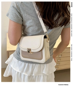 Vue latérale d'un sac bandoulière bicolore avec boucle dorée porté par un modèle