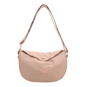 Pink crescent shoulder bag with butterfly embroidery and pebbled texture