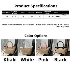Detailed size chart and multi-color options for the woven straw crossbody bucket bag