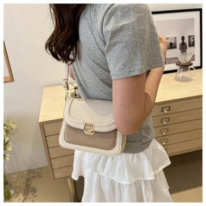 Détail d'un sac à bandoulière vintage bicolore avec un fermoir poussoir doré en métal