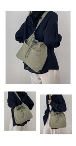 Three-way view of a light green nylon drawstring bucket bag on a model for daily use