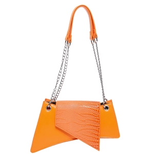 Orange asymmetrical crossbody bag with faux crocodile skin texture and silver chain strap