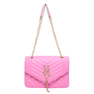 Rosa gesteppte Schultertasche mit goldener Kette und V-förmigen Nähten für Damen