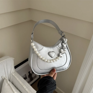 Heart Embossed PU Leather Shoulder Bag For Women With Artificial Pearl Chain Strap Metallic Pendant Sweet Half Moon Hobo Bag