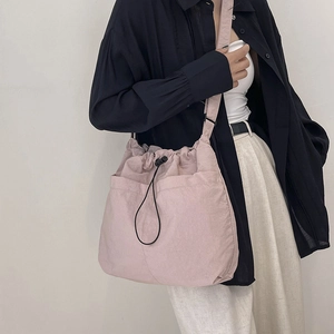 Japanese style large capacity drawstring bucket bag in light purple nylon for women