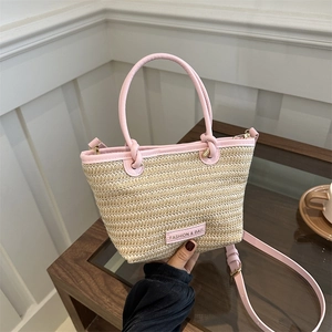 Women Summer Straw Woven Shoulder Bag With PU Leather Trim Casual Bucket Handbag For Daily Vacation Fashion Accessory