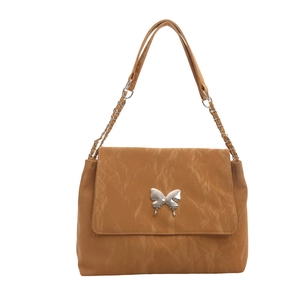Khaki pleated faux leather shoulder bag with silver butterfly buckle and chain strap