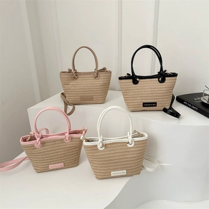 French style woven straw bucket bag with PU handles in four colors for summer fashion