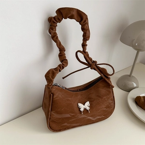 Borsa a Spalla da Donna in Pelle PU Plissettata alla Moda Borsa Hobo da Ascella Minimalista con Pendente a Farfalla e Tracolla Scrunchie con Fiocco