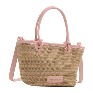 French style woven straw bucket bag with pink leather trim for women summer fashion