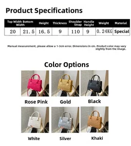 Size chart and dimensions for quilted square crossbody bags in multiple colors