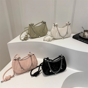Minimalist marble print crescent shoulder bags with silver chains in four pastel colors