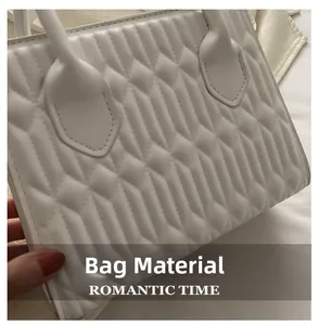 Detailed view of white faux leather handbag with geometric quilted stitching texture