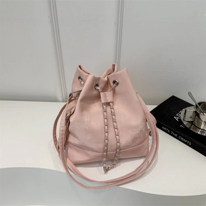 Women Fashion Chain Drawstring Bucket Bag Multi-functional PU Leather Splicing Large Capacity Crossbody Backpack Stylish Casual Handbag