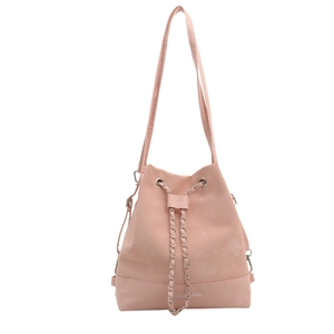 Pink drawstring chain bucket bag made of soft PU leather with adjustable crossbody strap