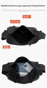 Detail of black messenger bag showing multiple storage compartments and internal pockets