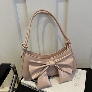 Women Sweet Large Bow Shoulder Bag Trendy Underarm Bag Fashion Glossy PU Leather Hobo Bag Solid Color Casual Party Purse