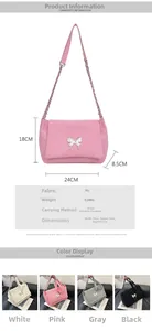 Detailed size chart for butterfly shoulder bag showing dimensions 24cm by 18cm by 8.5cm