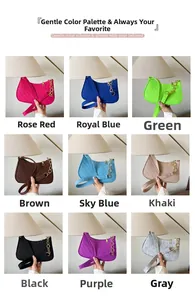Nine colors of quilted felt shoulder bags shown in a collage with metal chain straps