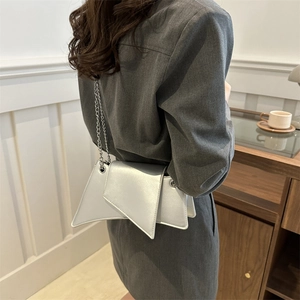 Silver irregular geometric crossbody bag with metal chain strap worn by a model