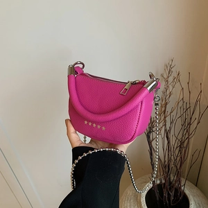 Women Mini PU Leather Crescent Shoulder Bag Star Rivets Ball Chain Strap Fashion Crossbody Handbag Casual Lychee Texture Bag