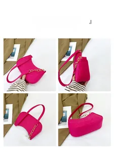 Detail views of rose red felt shoulder bag with diamond quilting and gold chain strap