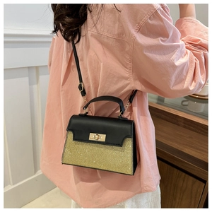 Close-up of contrast color handbag with gold twist lock and black sequin panels