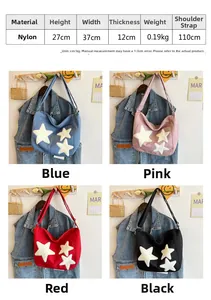 Tableau des tailles et détails de quatre sacs cabas en nylon avec étoiles en couleur