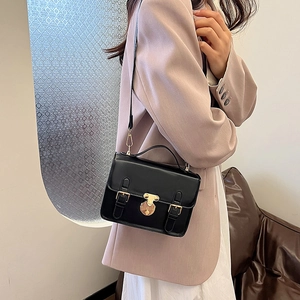 Classic black PU leather crossbody messenger bag with gold hardware for women