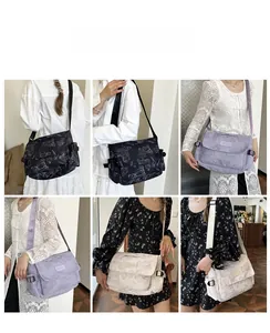 Multiple views showing nylon printed messenger bags with cartoon bear patterns on models