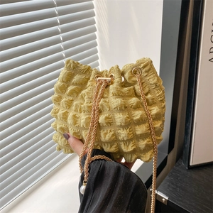 Women Bucket Bag Pleated Popcorn Fabric Drawstring Gold Chain Strap Artificial Pearl Charms Cute Chic Shoulder Crossbody Bag