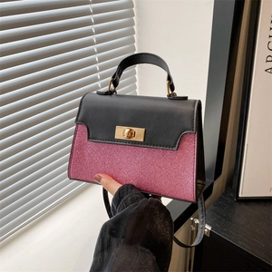 Women Stylish Glitter Patchwork Shoulder Bag Metal Lock Crossbody Handbag Small Square Bag With Top Handle Ladies Daily