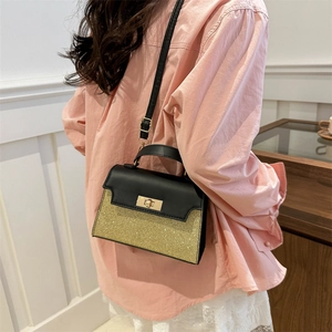 Fashionable black and gold glitter contrast small square crossbody bag with metal lock