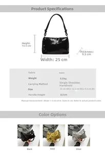 Detail view of the sequin crossbody bag texture and size parameters in black gold and silver