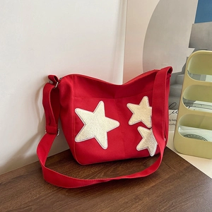 Sac Cabas en Nylon de Grande Capacité Mignon Patchwork d'Étoiles en Peluche Sac à Épaule Messager Décontracté Style Coréen pour Étudiant