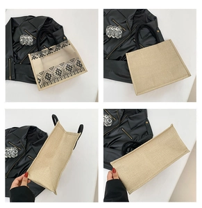 Detail view showing four angles of a linen tote bag with geometric print and woven handles