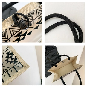 Detail view of woven tote bag with rope handles, button closure, and zip inner pocket