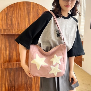 Sac Hobo en toile rose avec étoiles en peluche et bandoulière réglable pour femmes