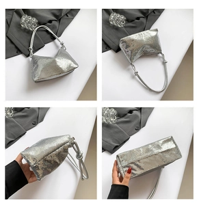 Detail shots of a silver sequin shoulder bag showing knot strap and geometric shape