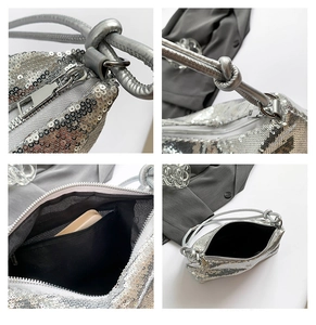 Detailed views of silver sequin handbag featuring knot handle, zipper and inner lining