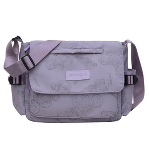 Summer purple nylon messenger bag with cute bear print and large capacity for travel