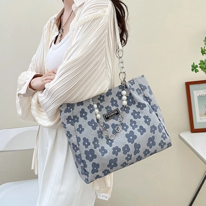 Sac cabas en toile à imprimé fleuri avec poignée en perles et chaîne pour femme