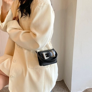 Retro black leather square crossbody bag with large silver buckle and chain strap