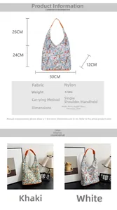 Détails du sac cabas floral en nylon avec dimensions 30x24x12cm et anse de 26cm