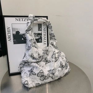 Women Butterfly Print Nylon Tote Bag Large Capacity Casual Shoulder Handbag Lazy Style Student Fashion Travel Shopping Bag