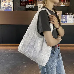 White faux fur tote bag with 3D butterfly embossing and large capacity casual design