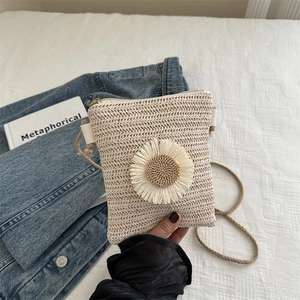 Summer Woven Straw Sunflower Mobile Phone Bag For Women Bohemian Daisy Crossbody Shoulder Bag Beach Vacation Purse