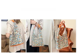 Vue détaillée du sac cabas floral avec bordure orange en trois modes de portage